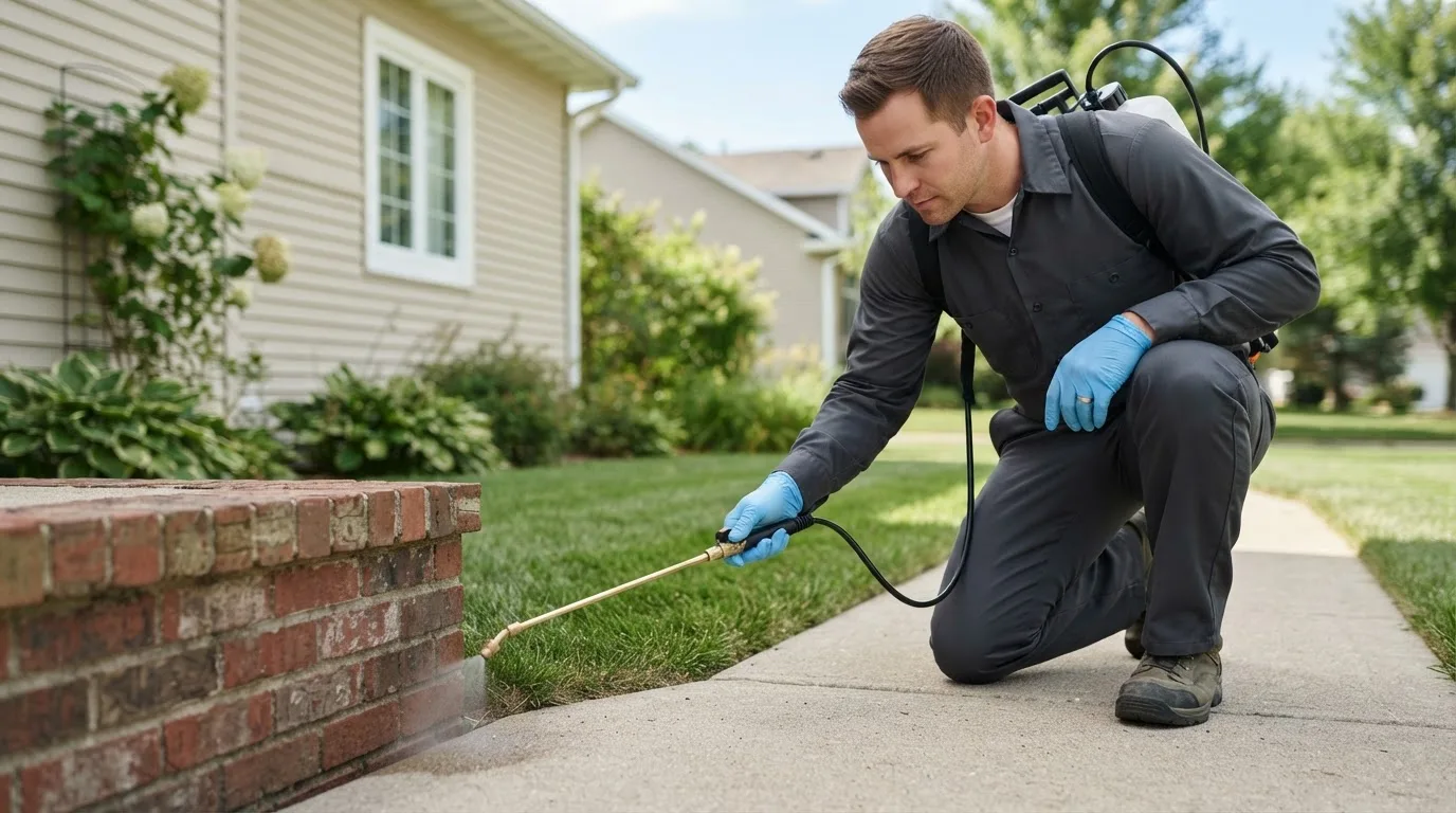 Pest control technician treating a home near Lewis, CO